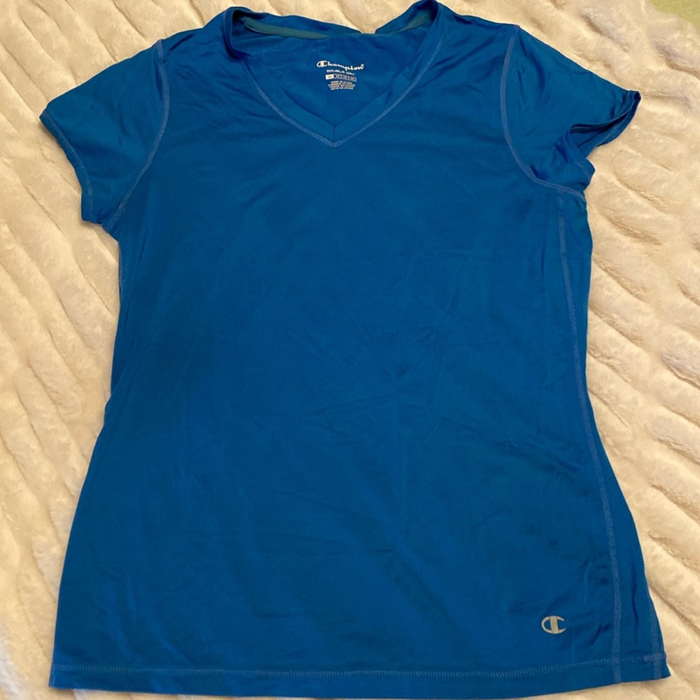 Champion brand, blue V-neck double dry athletic T-shirt with mesh side inserts